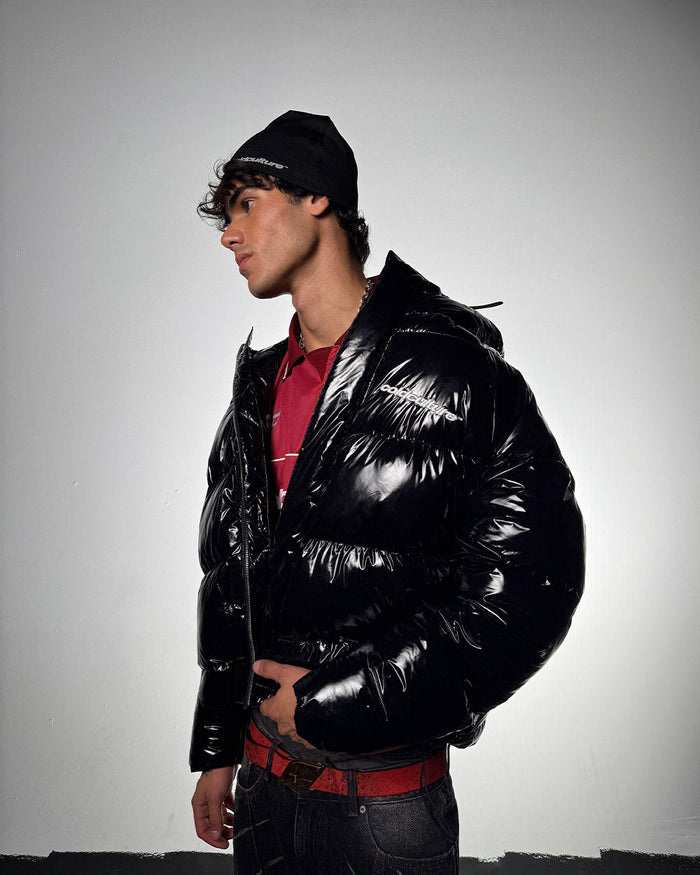 SPIRAL PUFFER GLOSSY BLACK - glossy black puffer jacket, side view - Cold Culture