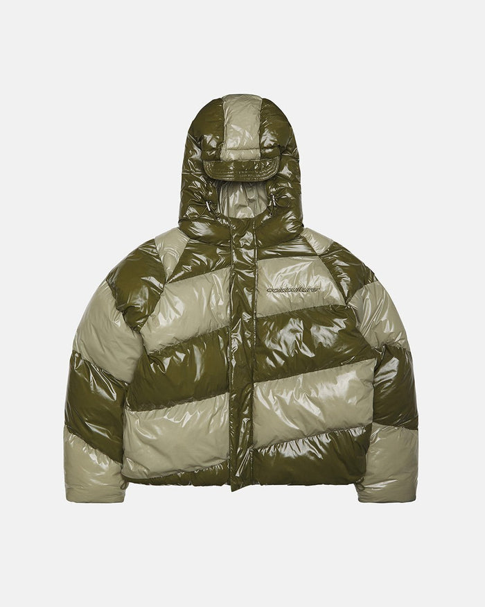 SPIRAL PUFFER GLOSSY GREEN MIX - green striped puffer jacket, front view - Cold Culture