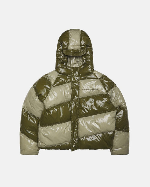 SPIRAL PUFFER GLOSSY GREEN MIX - green striped puffer jacket, front view - Cold Culture