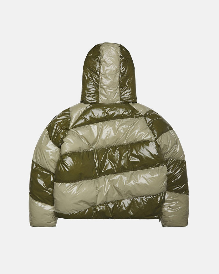SPIRAL PUFFER GLOSSY GREEN MIX - green striped puffer jacket, back view - Cold Culture