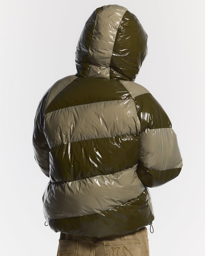 SPIRAL PUFFER GLOSSY GREEN MIX - green striped puffer jacket, back view on male model - Cold Culture #man