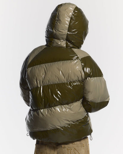 SPIRAL PUFFER GLOSSY GREEN MIX - green striped puffer jacket, back view on male model - Cold Culture #man