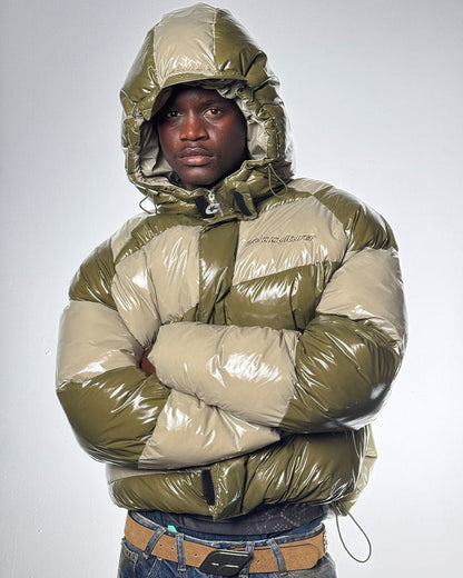 SPIRAL PUFFER GLOSSY GREEN MIX - green striped puffer jacket, front view on male model - Cold Culture