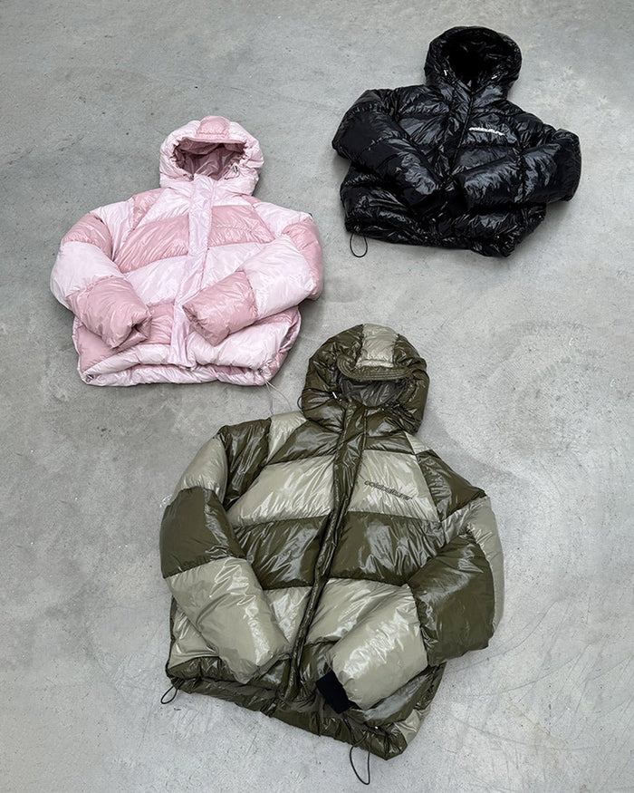 SPIRAL PUFFER GLOSSY GREEN MIX - green striped puffer jacket, flat lay with matching pieces - Cold Culture