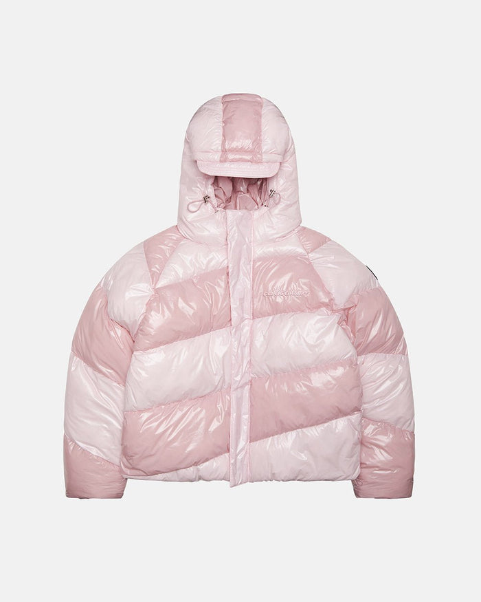 SPIRAL PUFFER GLOSSY PINK MIX - pink striped puffer jacket, front view - Cold Culture