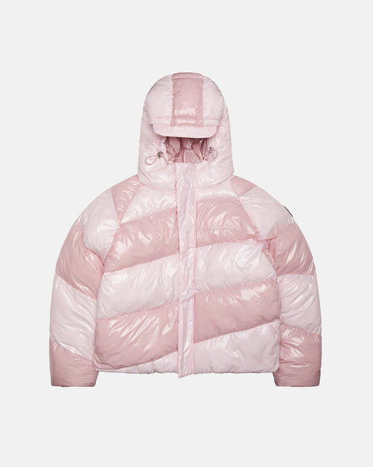 SPIRAL PUFFER GLOSSY PINK MIX - pink striped puffer jacket, front view - Cold Culture
