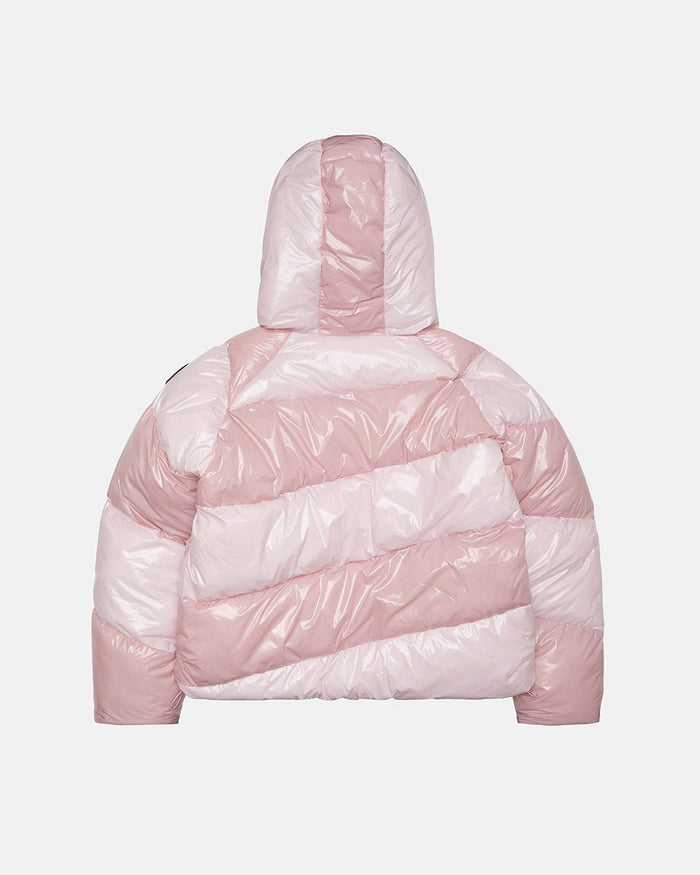 SPIRAL PUFFER GLOSSY PINK MIX - pink striped puffer jacket, back view - Cold Culture