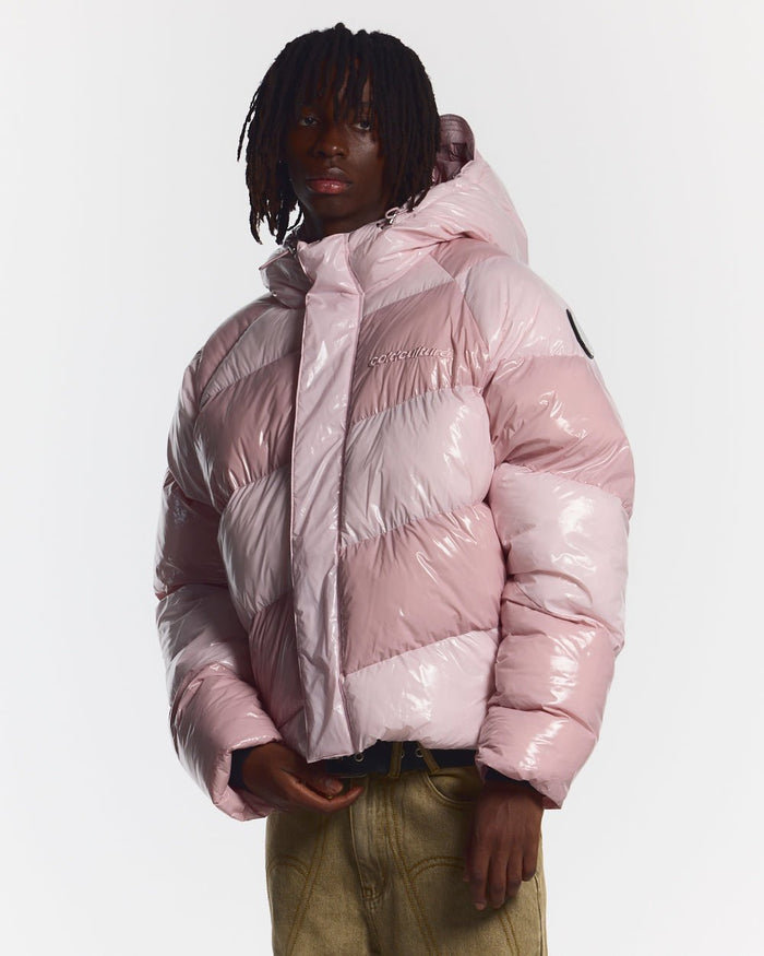 SPIRAL PUFFER GLOSSY PINK MIX - pink striped puffer jacket, front view on male model - Cold Culture #man