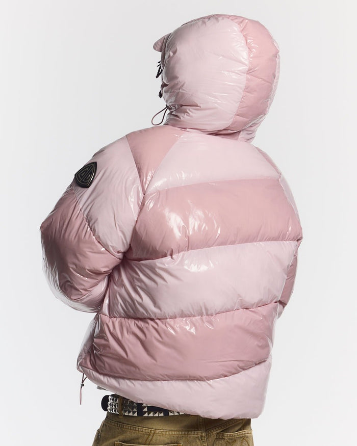SPIRAL PUFFER GLOSSY PINK MIX - pink striped puffer jacket, back view on male model - Cold Culture #man