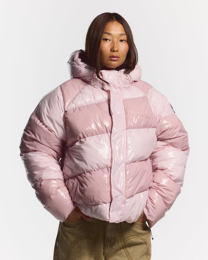 SPIRAL PUFFER GLOSSY PINK MIX - pink striped puffer jacket, front view on female model - Cold Culture #woman