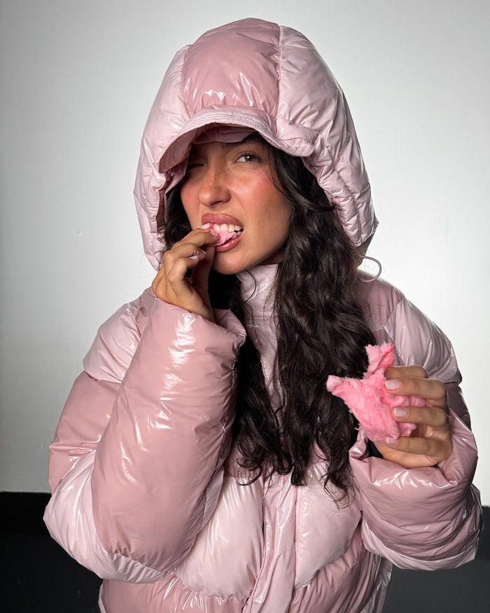 SPIRAL PUFFER GLOSSY PINK MIX - pink striped puffer jacket, on model close-up - Cold Culture