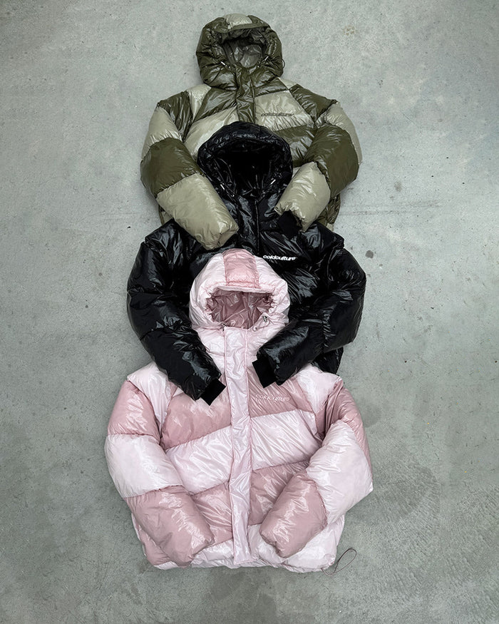 SPIRAL PUFFER GLOSSY PINK MIX - pink striped puffer jacket, flat lay with matching pieces - Cold Culture