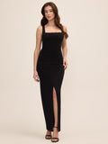 Black Square Neck Knit Crepe Gown with Wrap Skirt - Woman Wearing Elegant Evening Dress - Le Chateau