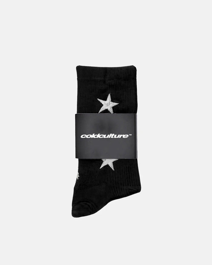 STARRY SOCKS BLACK - black star print socks, flat lay - Cold Culture