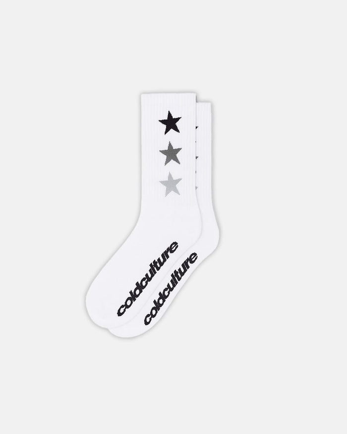STARRY SOCKS GREY SCALE - white star print crew socks, flat lay - Cold Culture