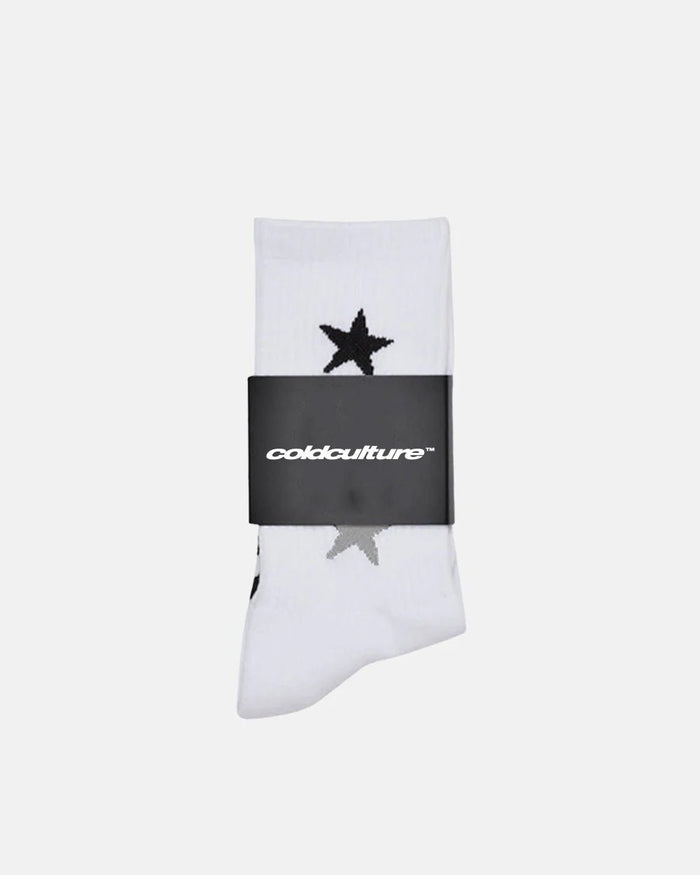 STARRY SOCKS GREY SCALE - white star print crew socks, flat lay - Cold Culture