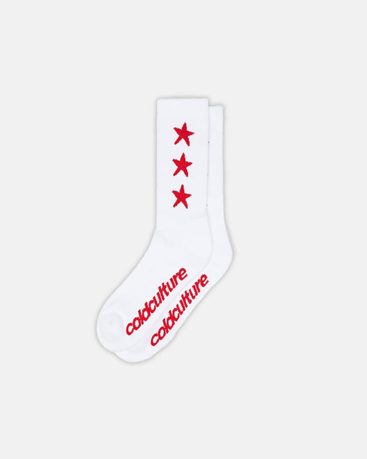 STARRY SOCKS RED/WHITE - white star print crew socks, flat lay - Cold Culture