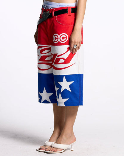 STARS JORTS RED WHITE AND BLUE - red white blue star print shorts, side view - Cold Culture #woman