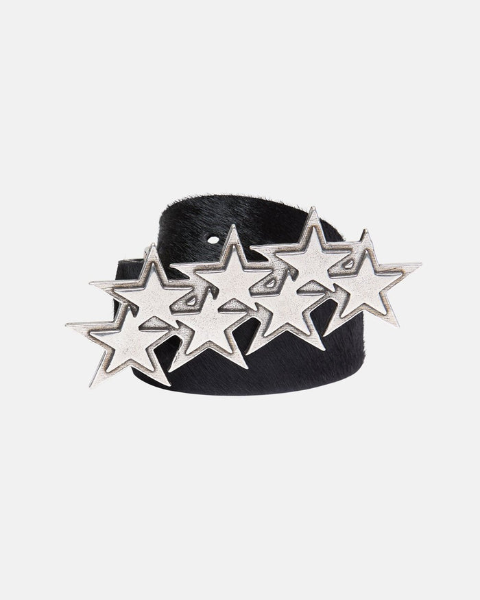 STARS LEATHER BELT FUR LINED - black fur-lined leather belt, front view - Cold Culture