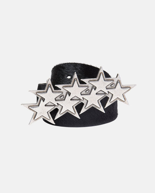 STARS LEATHER BELT FUR LINED - black fur-lined leather belt, front view - Cold Culture