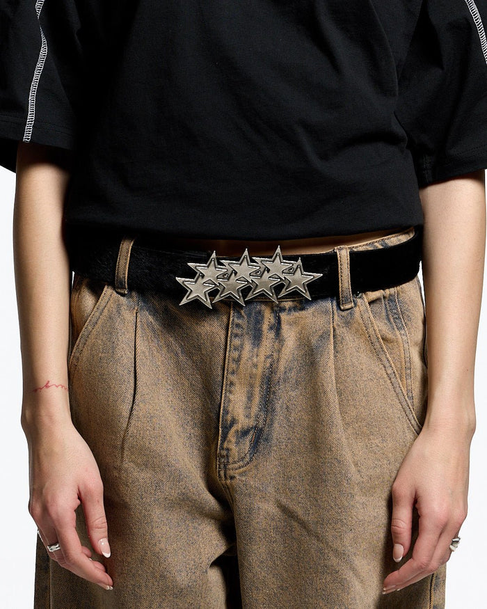 STARS LEATHER BELT FUR LINED - black fur-lined leather belt, worn detail - Cold Culture