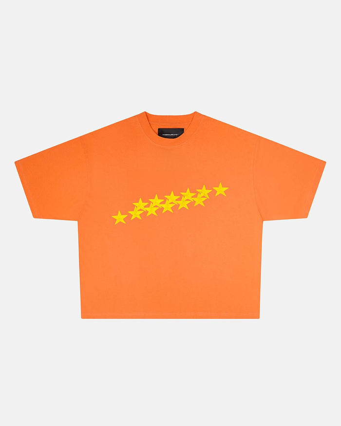 STARS TEE VIBRANT ORANGE - orange star print tee, front view - Cold Culture