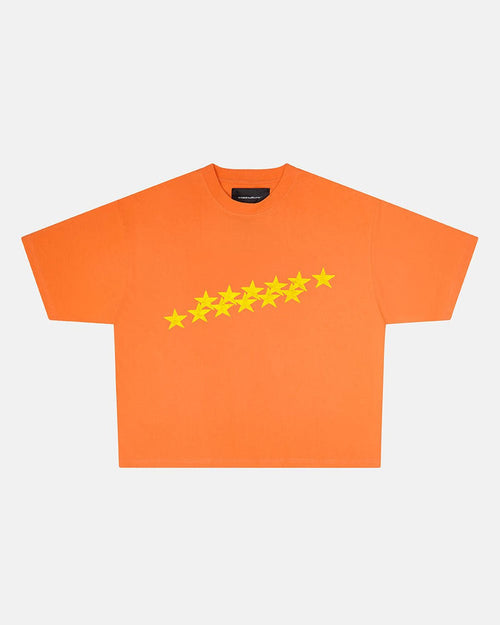 STARS TEE VIBRANT ORANGE - orange star print tee, front view - Cold Culture