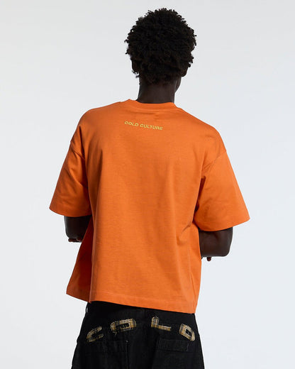 STARS TEE VIBRANT ORANGE - orange star print tee, back view on male model - Cold Culture