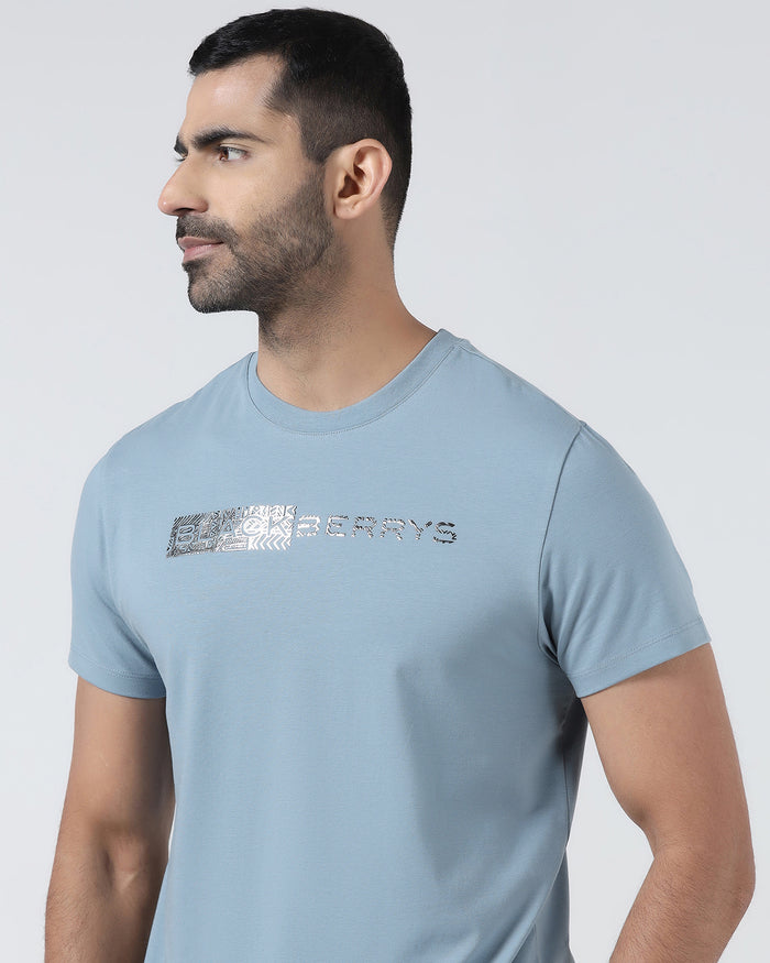 Steel Blue Crew Neck Printed T-Shirt - Petunia