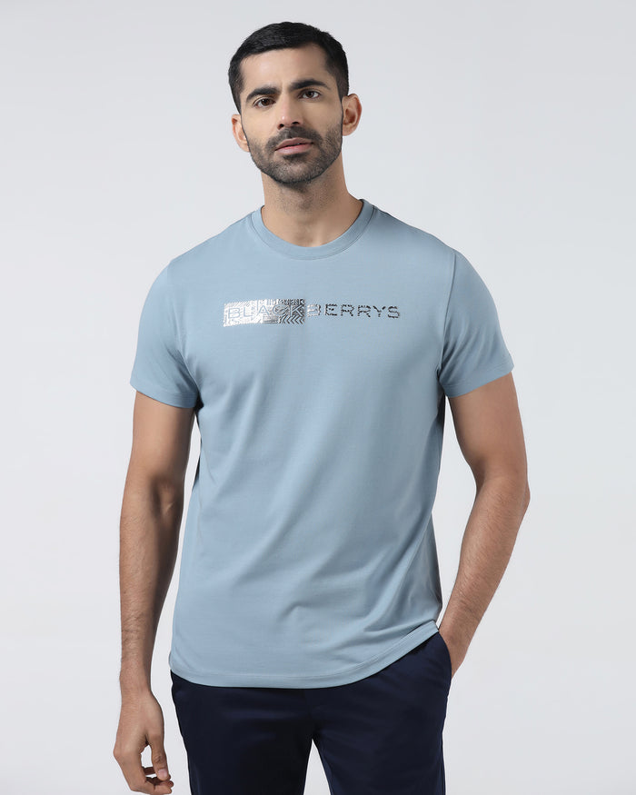 Steel Blue Crew Neck Printed T-Shirt - Petunia
