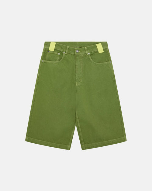 STITCHING JORTS CACTUS GREEN - green baggy denim shorts, front view - Cold Culture