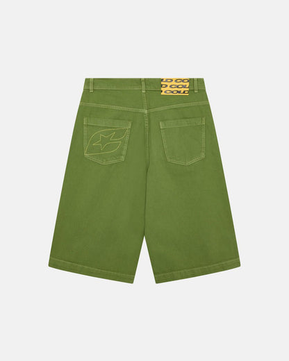 STITCHING JORTS CACTUS GREEN - green baggy denim shorts, back view - Cold Culture