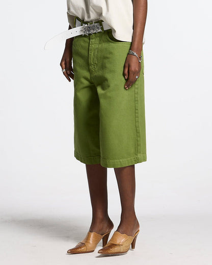 STITCHING JORTS CACTUS GREEN - green baggy denim shorts, side view - Cold Culture #woman