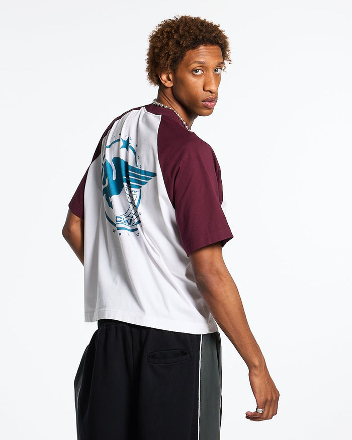 STORMWING TEE WHITE AND BURGUNDY - white and burgundy raglan tee, back view on male model - Cold Culture #man