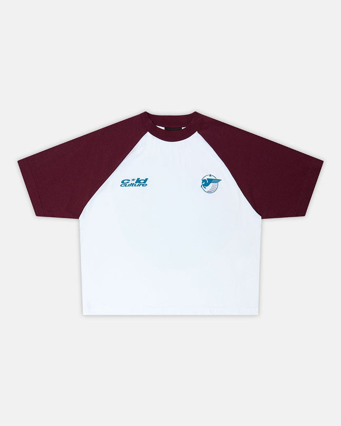 STORMWING TEE WHITE AND BURGUNDY - white and burgundy raglan tee, front view - Cold Culture