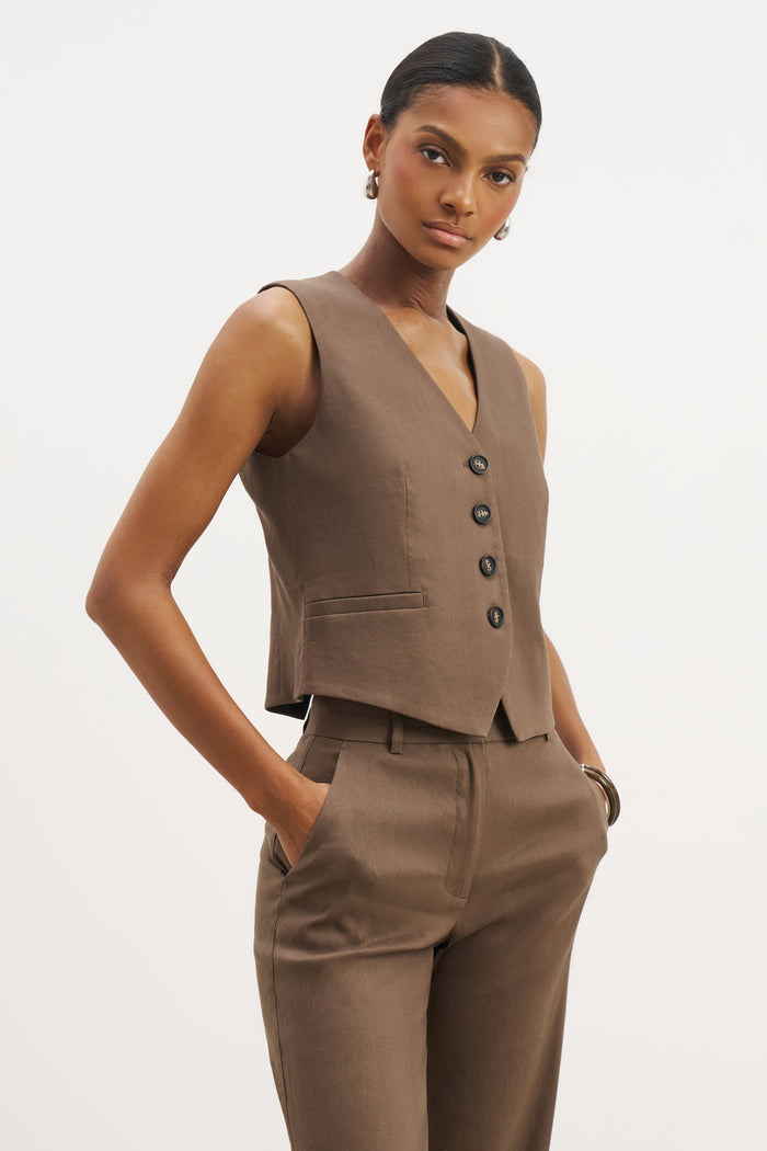 Straight Cut Linen Waistcoat - Truffle