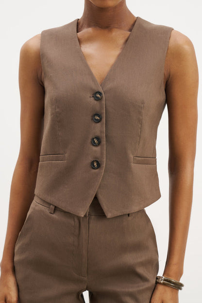 Straight Cut Linen Waistcoat - Truffle
