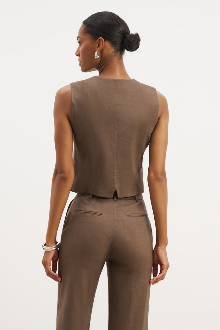 Straight Cut Linen Waistcoat - Truffle