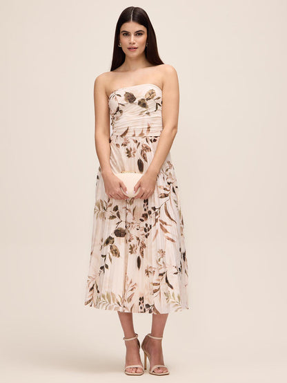 Brown/Antique Cream Leaf Print Strapless Midi Dress - Woman Wearing Pleated Strapless Dress - Le Chateau