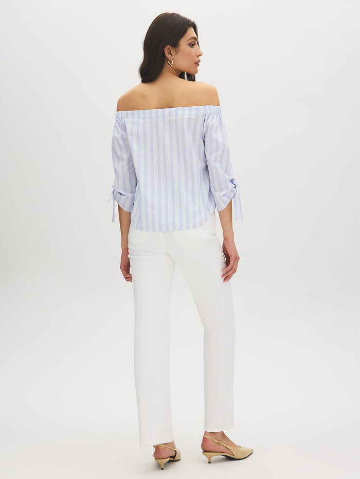 Yarn Dye Stripe Off-the-Shoulder Blouse - Woman Wearing Tie-Detail Sleeve Top - Suzy Shier