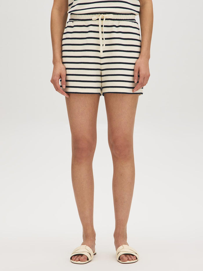 Snow White/Naval Academy Stripe French Terry Shorts - Woman Wearing Casual Striped Shorts - Suzy Shier