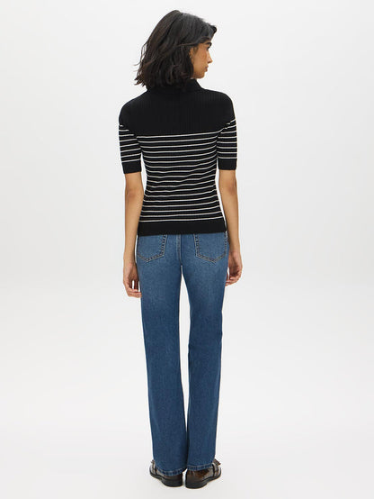 Black/Pearl Striped Ribbed Polo Sweater - Back View - Suzy Shier