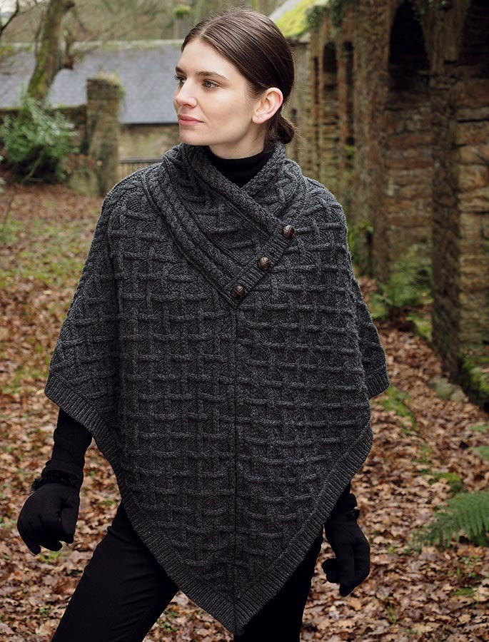 Super Soft Lattice Stitch Poncho - Charcoal #color_charcoal