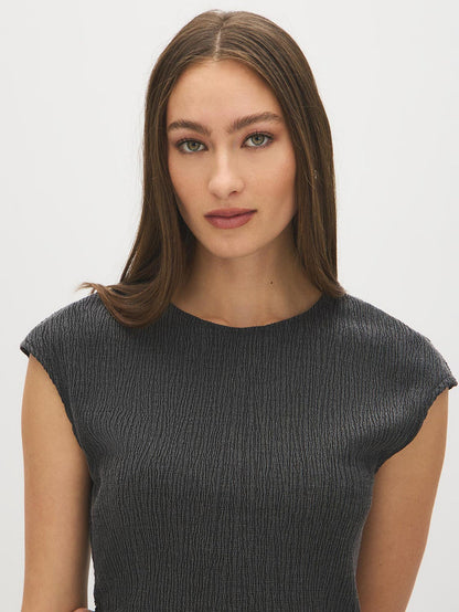 Charcoal Textured Asymmetrical Dolman Sleeve Top - Close-up Fabric Detail - Suzy Shier