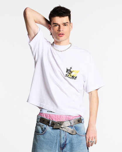 THE CROWN TEE WHITE - white graphic print tee, front view on male model - Cold Culture #man