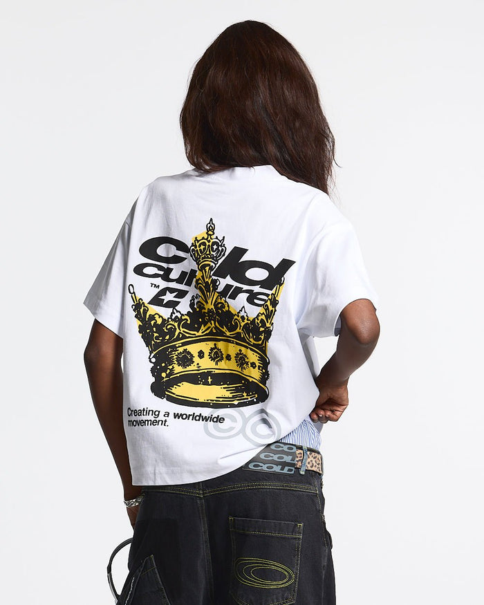 THE CROWN TEE WHITE - white graphic print tee, back view on female model - Cold Culture #woman