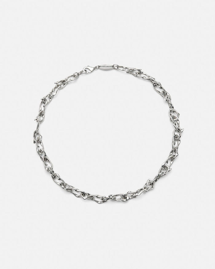 THORNS NECKLACE - silver thorn chain necklace, flat lay - Cold Culture