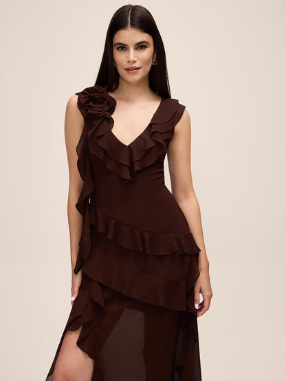 Coco Powder V-Neck Chiffon Gown with Tiered Ruffles - Woman Wearing Elegant Evening Dress - Le Chateau