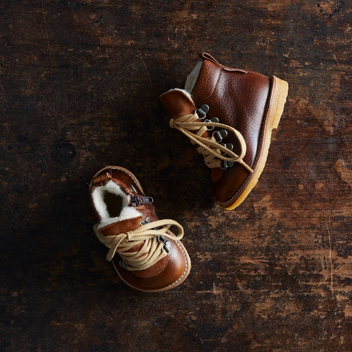 Toddler Wool Lined Waterproof Lace Up Leather Boots w/ Zip - Cognac