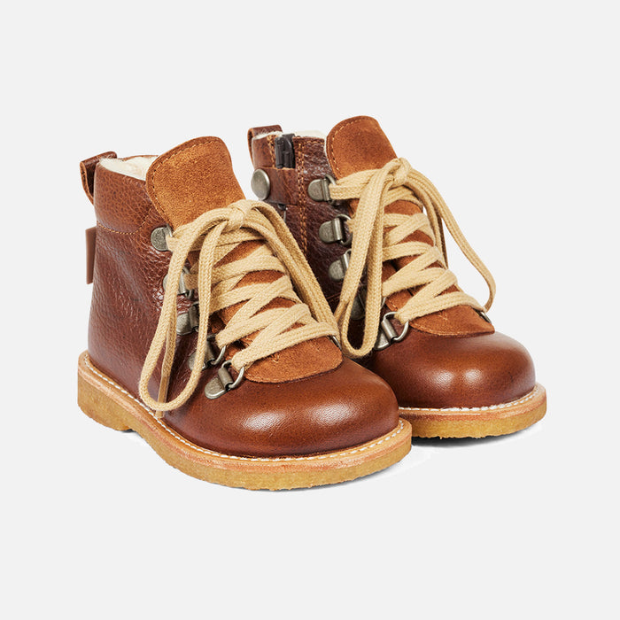 Toddler Wool Lined Waterproof Lace Up Leather Boots w/ Zip - Cognac